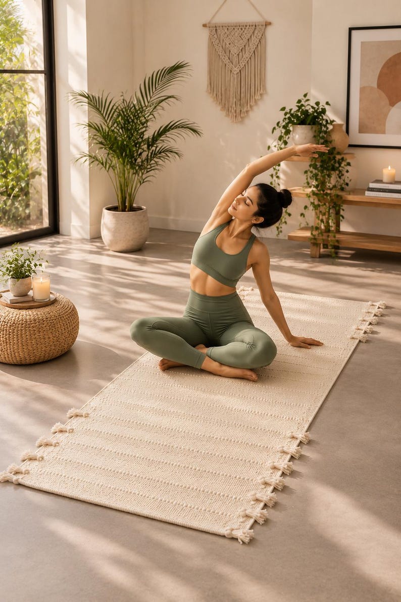 May include: A rectangular off-white woven yoga mat featuring a textured surface with horizontal ribbed patterns and decorative fringe tassels along both long edges, providing a stable base for exercise and stretching routines.