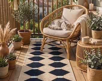Op de afbeelding: Een rechthoekig vloerkleed met een herhalend patroon van donkerblauwe ruiten op een natuurlijke beige jute achtergrond. Het kleed ligt op een houten balkonvloer voor een rotan stoel met een kat en een bijpassend rotan bijzettafeltje.