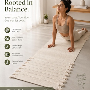 May include: A rectangular, off-white handwoven cotton blend yoga mat featuring a textured surface with horizontal ribbed patterns and decorative tassels along the long edges. The mat is displayed on a floor with text overlays.