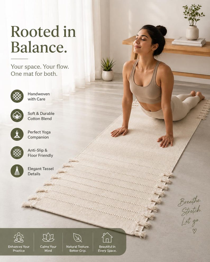May include: A rectangular, off-white handwoven cotton blend yoga mat featuring a textured surface with horizontal ribbed patterns and decorative tassels along the long edges. The mat is displayed on a floor with text overlays.