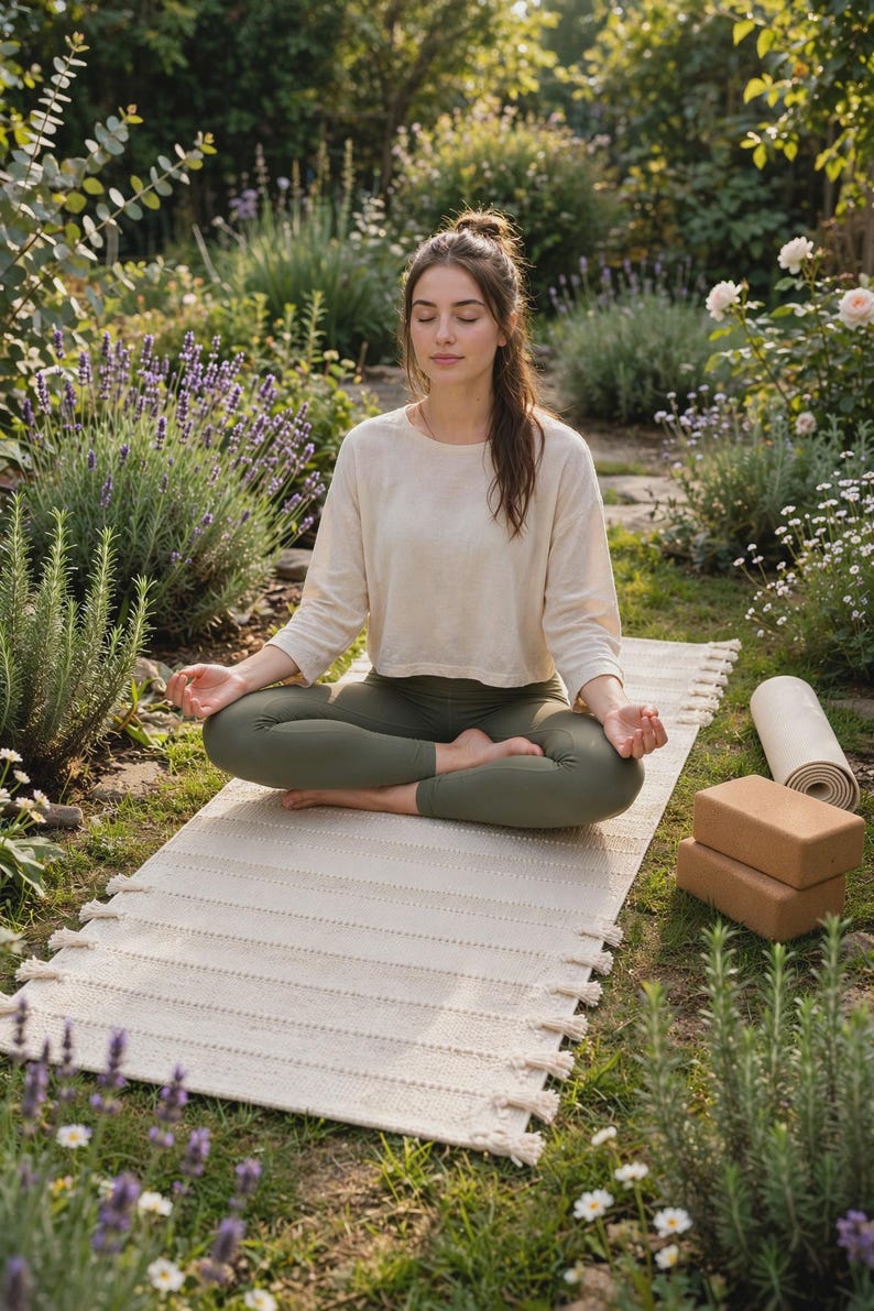 May include: A cream-colored yoga mat with fringe detailing along the sides, accompanied by two rectangular brown foam yoga blocks and a rolled-up cream yoga mat, all positioned on a grassy surface with lavender and greenery.