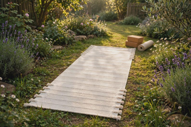 May include: A rectangular off-white woven mat featuring a textured striped pattern and decorative fringe tassels along the shorter edges, accompanied by two rectangular cork blocks and a rolled-up mat in the background.
