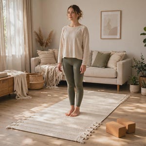 May include: A long-sleeve beige crewneck shirt and olive green leggings worn by a person standing on a rectangular cream-colored woven rug with fringe edges, accompanied by two rectangular cork yoga blocks on the floor.