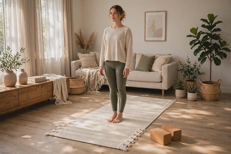 May include: A long-sleeve beige crewneck shirt and olive green leggings worn by a person standing on a rectangular cream-colored woven rug with fringe edges, accompanied by two rectangular cork yoga blocks on the floor.