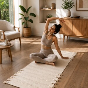 May include: A rectangular, off-white woven yoga mat featuring decorative fringe along the two shorter edges. The mat has a textured, ribbed surface pattern and is positioned flat on a wooden floor, providing a base for exercise.