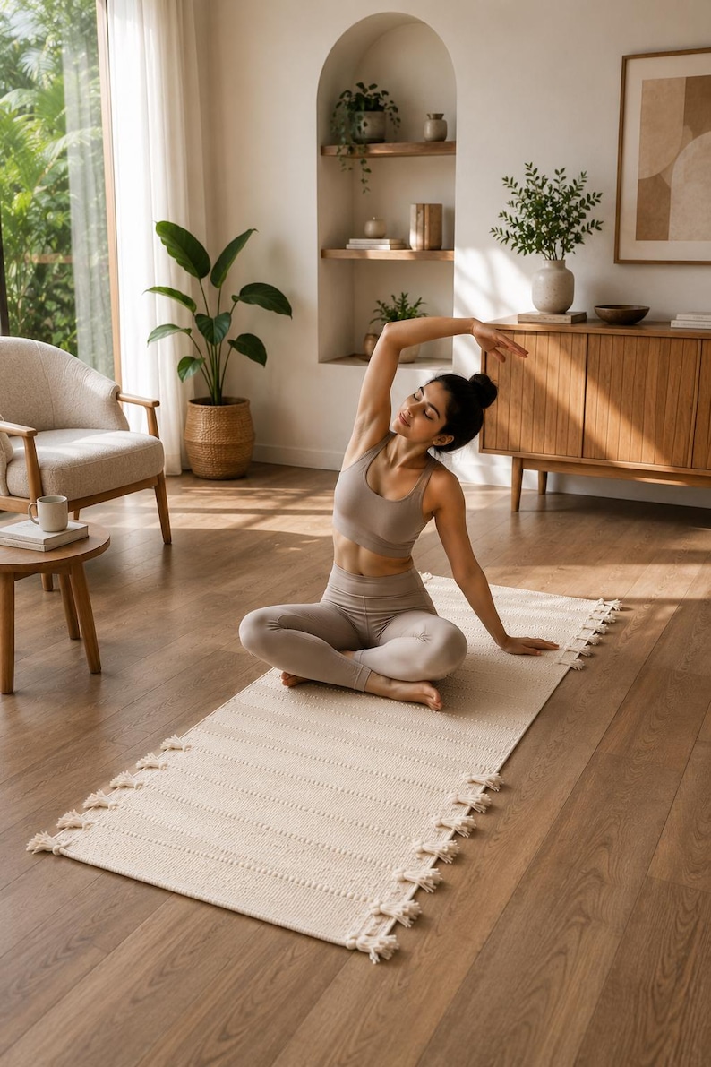 May include: A rectangular, off-white woven yoga mat featuring decorative fringe along the two shorter edges. The mat has a textured, ribbed surface pattern and is positioned flat on a wooden floor, providing a base for exercise.