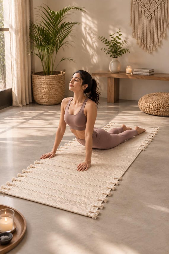 Organic Cotton Yoga Mat – Handwoven White Yoga Rug, Non Slip Travel Yoga, Meditation Mat, Washable Exercise Mat (2x6 Ft)