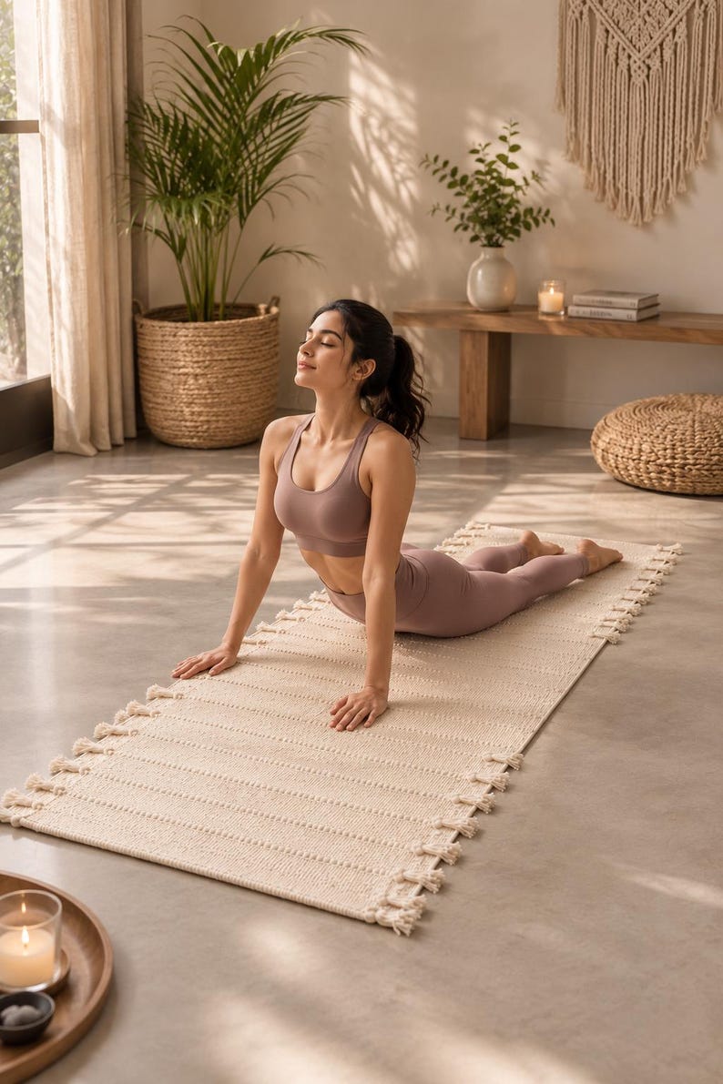 May include: A rectangular, off-white woven yoga mat featuring decorative fringe along both long edges. The mat is textured with a series of horizontal ribbed lines running across its surface, providing a distinct tactile pattern.