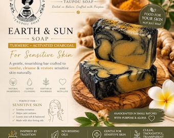 Sabonete de Cúrcuma e Carvão Earth & Sun | Barra de Sebo Artesanal para Pele Sensível