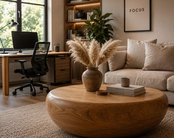 Organic Solid Wood Round Coffee Table – Japandi Minimalist Sculptural Centerpiece