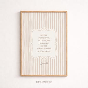 Jeremías 1:5 Antes de que te formara. Lámina decorativa para la habitación infantil, impresión con versículo bíblico, regalo cristiano para bebé, decoración vintage para sala de juegos con escritura, póster digital.