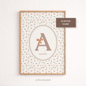 Custom Initial Print for Nursery, Floral Name Wall Art, Personalized Gift, Vintage Baby Girl Room Decor, Downloadable Poster
