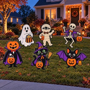 May include: A set of six Halloween yard signs featuring a ghost, a mummy, a skeleton, a pumpkin-headed figure, a black cat in a witch hat, and a bat, all holding orange jack-o'-lantern candy buckets on a green lawn.
