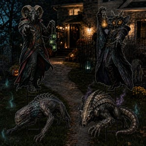 May include: A set of four dark fantasy yard stakes featuring two standing figures in long coats, one with ram horns holding a lantern and one with moth-like features holding a lantern, plus two low-profile, armored, reptilian creatures.