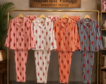 Komplet piżamowy Maharani Vintage z nadrukiem homara, zapinany na guziki