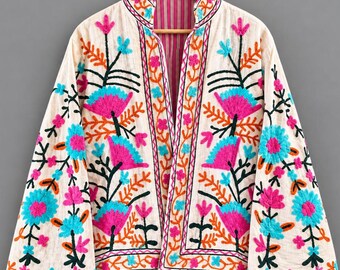 Kurtka Suzani z bawełny, ręcznie robiona, haftowana: płaszcz boho kimono