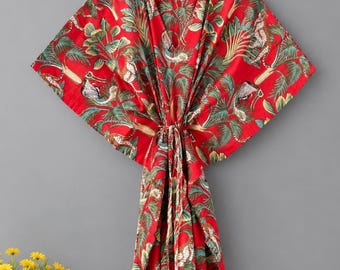 Ręcznie robiona bawełniana sukienka typu kaftan, z kwiatowym nadrukiem w stylu boho, narzutka plażowa, strój na wakacje