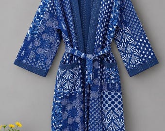 Ręcznie robiony bawełniany szlafrok kimono Kantha: kurtka patchworkowa z nadrukiem indygo