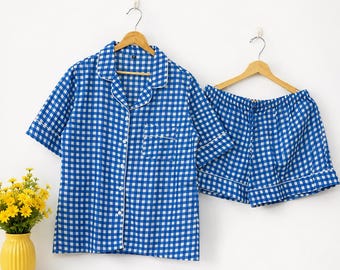 Komplet piżamowy z bawełny w kratkę gingham, damska bielizna nocna z krótkim rękawem, lekki indyjski strój nocny