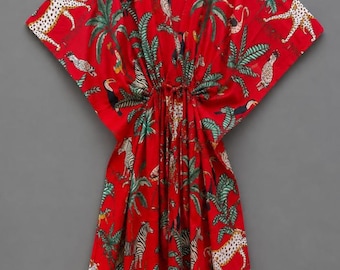 Vestido Kaftan de algodão com estampa animal da selva vermelha, saída de praia feminina, quimono boho, roupa de resort, caftan maxi solto