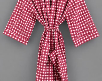 Bordowy bawełniany szlafrok kimono w kratkę, bielizna nocna dla druhen z nadrukiem blokowym (rozmiar uniwersalny)