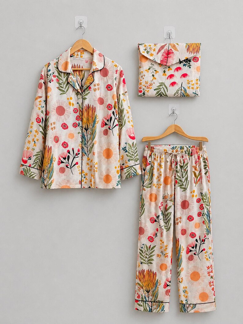 May include: A long-sleeve button-down pajama shirt, matching drawstring pajama pants, and a folded fabric pouch, all featuring a cream-colored base with a repeating pattern of orange suns, red flowers, and green foliage with thin black piping.