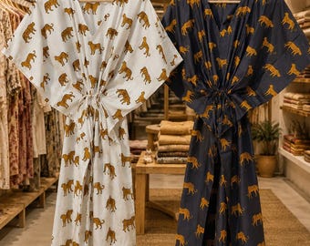 Ręcznie robiona bawełniana sukienka maxi typu kaftan | Kimono z nadrukiem tygrysa