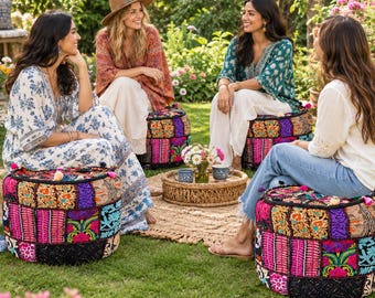 Ręcznie robiony, vintage'owy indyjski patchworkowy pokrowiec na pufę, okrągły puf podłogowy w stylu boho