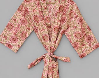 Szlafrok kimono z bawełny z nadrukiem w bloki: kwiatowy narzutka plażowa
