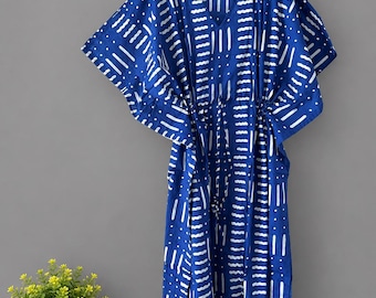 Sukienka kaftan z bawełny, z nadrukiem w bloki, w stylu boho, maxi, narzutka plażowa w dużym rozmiarze, odzież turystyczna