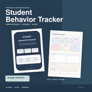 May include: A printable student behavior tracker resource featuring 30 pages in A4 PDF format. The document includes a cover page with fields for student and teacher names, and a daily behavior snapshot page with color-coded tracking sections.
