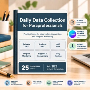 May include: A digital document titled Daily Data Collection for Paraprofessionals, featuring sections for behavior, academic, and ABC data, progress monitoring, supports, and daily tracking. It is A4 size, includes 25 pages, and is editable in Canva.