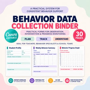 May include: A behavior data collection binder digital template featuring 30 pages of forms for observation, intervention, and progress monitoring. Includes sections for student profiles, weekly behavior summaries, and behavior progress graphs.