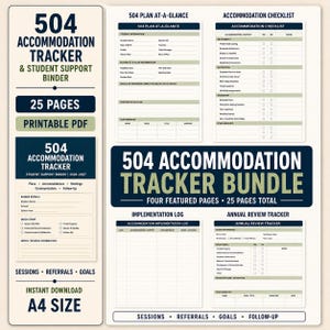 May include: A 504 Accommodation Tracker and Student Support Binder printable PDF bundle. The document includes a 504 Plan at-a-Glance, an Accommodation Checklist, an Implementation Log, and an Annual Review Tracker, all formatted in A4 size.