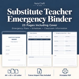 Substitute Teacher Binder, Editable Emergency Sub Plan Templates, 25 Printable Pages