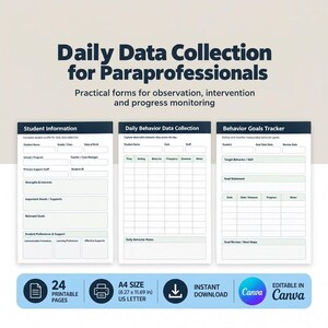 Daglig datainsamling för paraprofessionals | Insamling av beteendedata | Beteendespårning | Redigerbar i Canva | Framstegsövervakning