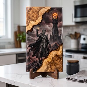 Tavola in resina epossidica con stregone oscuro, Torre delle Ombre e Occhio Ardente, decorazione per regno fantasy, tagliere in noce fatto a mano, per appassionati di cinema, regalo di Natale unico