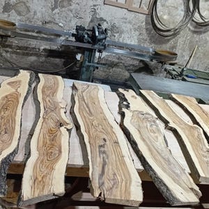 Può includere: Cinque tavole di legno allungate con bordo naturale, venature marcate e vortici marrone scuro. Ogni pezzo presenta bordi irregolari con corteccia grezza sui lati, mettendo in risalto le tonalità marrone chiaro e dorato del legno grezzo.