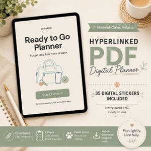 以下が含まれることがあります： バッグのアイコン、テキスト、Start Hereボタンを備えたReady to Goプランナーインターフェースを表示するデジタルタブレット。画面にはSmileADD、Forget less. Feel more at ease.、For Goodnotes and PDF annotation appsというテキストが含まれています。