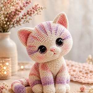 May include: A crocheted cat figurine featuring a striped pattern in soft shades of cream, pastel pink, and light purple. The cat has large, glossy black eyes, a small pink nose, and pointed ears with pink inner detailing, sitting in an upright pose.