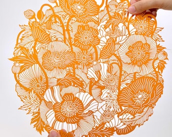 オレンジ色のポピーの切り絵ウォールアート、中国風の花の装飾、ホームオフィス用の額入り切り絵、植物をテーマにした新築祝いのギフト、花好きのためのアート