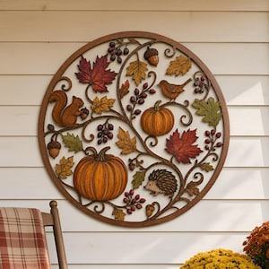 Decorazione murale in metallo a forma di zucca autunnale, addobbi per il raccolto autunnale, cartello da parete per il Ringraziamento, decorazioni per il portico in stile rustico con animali del bosco.