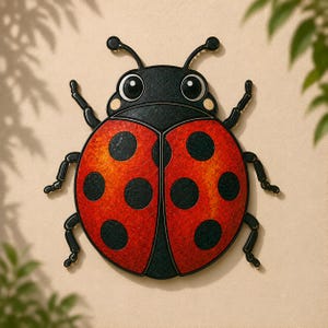 Peut inclure: Une décoration murale en forme de coccinelle avec un corps texturé rouge et orange orné de points noirs circulaires. L'insecte possède une tête noire avec deux grands yeux cerclés de blanc, deux antennes et six pattes noires déployées.