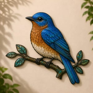 May include: A wall-mounted decorative plaque featuring a bluebird perched on a branch. The bird has vibrant blue feathers on its head and wings, a rust-colored chest, and a white belly. The branch is textured with green and brown leaf accents.