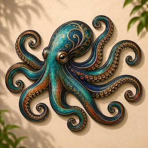 May include: A wall-mounted octopus sculpture featuring a mosaic-style finish in shades of teal, blue, and copper. The creature has eight curled tentacles with visible suction cups and intricate gold-toned filigree patterns on its head.