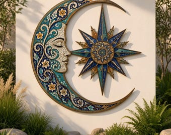 Può includere: Una decorazione da parete raffigurante una luna crescente con un profilo di volto umano e una stella a più punte. La luna è decorata con tessere di mosaico blu, turchesi e bianche e motivi floreali. La stella presenta un medaglione centrale.
