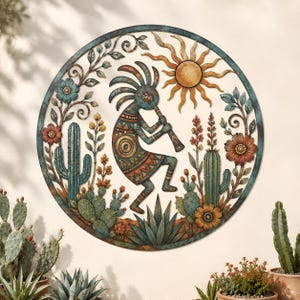 May include: A circular metal wall art piece featuring a central flute-playing figure with a spiky headdress, surrounded by cacti, desert flowers, and a sun. The design uses a palette of teal, rust orange, and muted yellow with a weathered finish.
