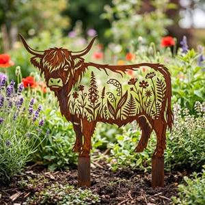 May include: A rust-colored metal garden stake shaped like a Highland cow. The silhouette of the cow features intricate cutouts of various wildflowers, ferns, and foliage throughout its body, supported by two vertical metal stakes at the base.