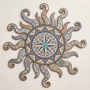 Sun Compass Metal Wall Art, Mediterranean Coastal Decor, Nautical Compass Rose Wall Hanging, Blue Tile Metal Sign, Beach House Gift