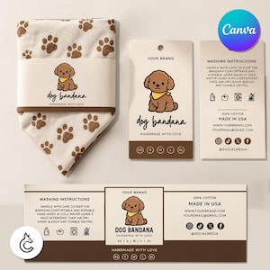 May include: A cream-colored dog bandana with brown paw prints, featuring a brown paper band with a cartoon puppy illustration and the text dog bandana handmade with love. Includes matching product tags and a rectangular label with washing instructions.